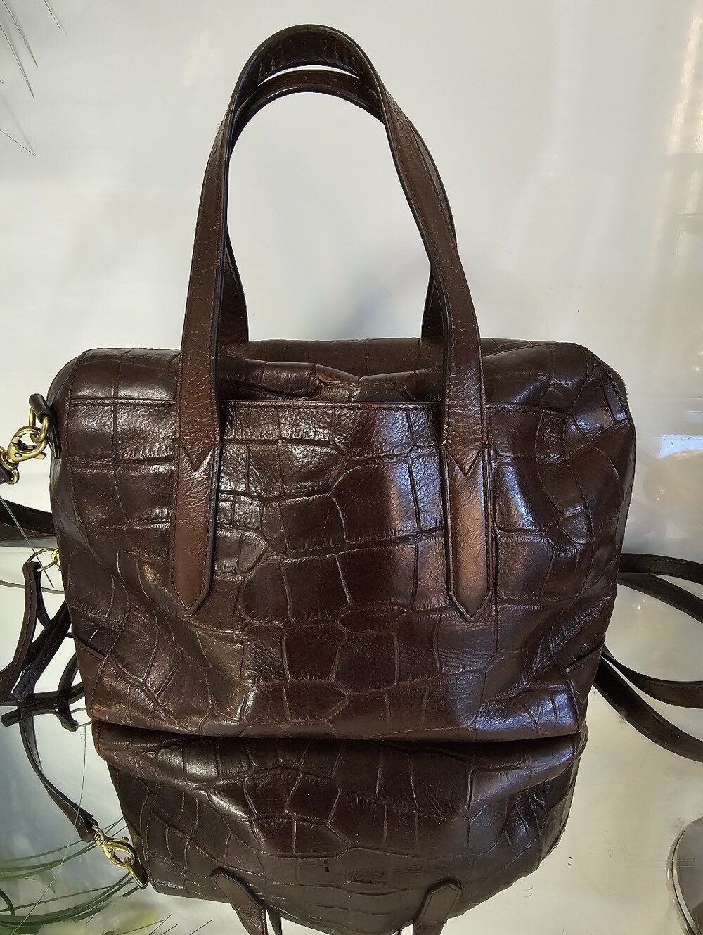 Fossil Sydney  Dark Brown Croc-Embossed Leather Satchel - Picture 10 of 12